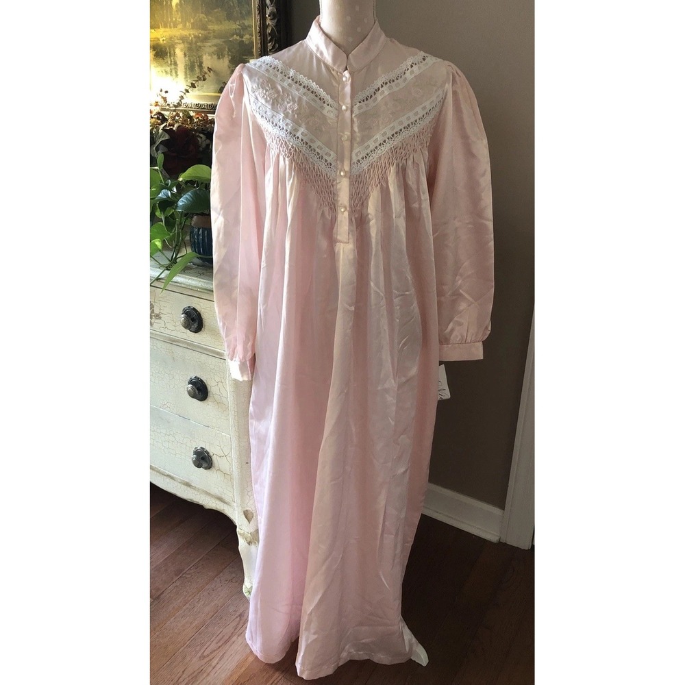 Vtg Nicole Nightgown Lined Pink Cottage Embroidery Lace Pearl Button New Small